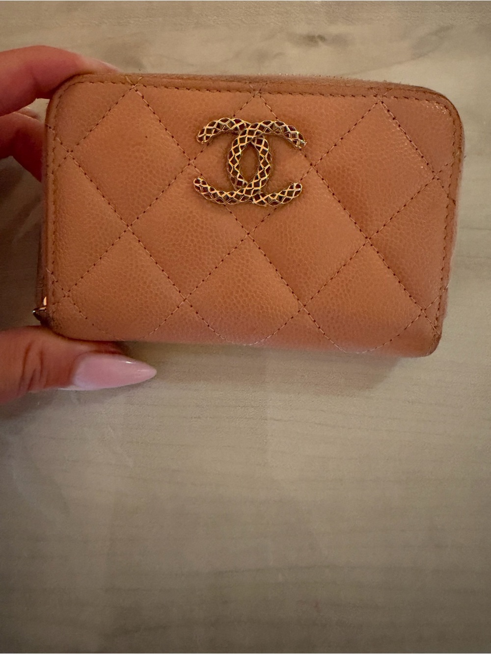 CHANEL Quilted Zip Card Holder in Camel Tan with Gold CC